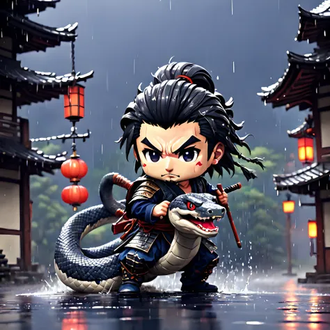 (Pixel art:1.5), (pixel theme:1.5), (chibi emote:1.5), (chibi character:1.5), (japanese game character:1.5), (fantasy:1.5), (rainy night:1.5), (heavy rain:1.5), (1japanse samurai:1.5), (1samurai and big snake:1.5), (Decisive Battlefield:1.5),(Big snake:1.5...