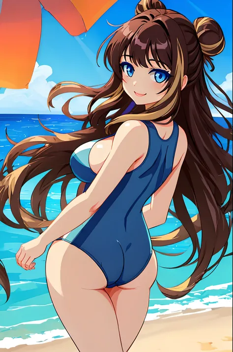 peanut, 1girl, solo,blue eyes, brown hair,multicolored hair, large breasts, smile, single hair bun, long hair,  looking at viewer, breasts, swimsuit, beach, ocean, outdoors