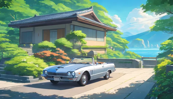 Painting of a silver convertible car at a ultra modern bungalow with rocks and lush vegetation, modern city and vulcan in the background, vulcan, Anime background art, Anime landscape, Highly detailed illustration, anime style cityscape, Makoto Shinkais st...