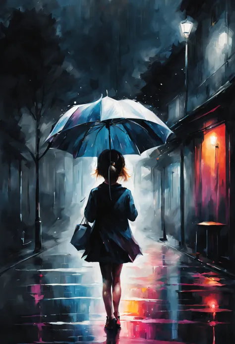 Dark rainy night, little girl with white umbrella, umbrella poster, splashpunk style, paint splash