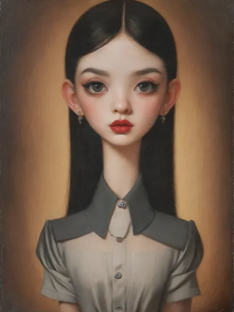 pintura de una mujer fea con las cejas muy gordas y peludas, estilo Mark Ryden, desnuda