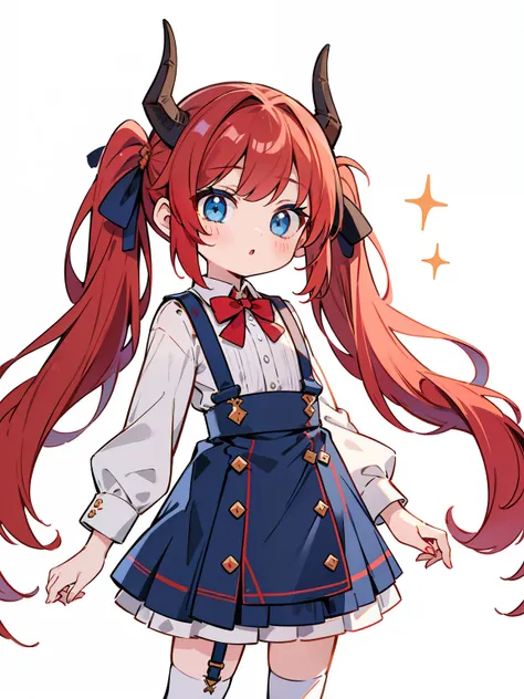 {{best quality}}, {{masterpiece}}, {{ultra-detailed}}, {illustration}, {detailed light}, red hair,blue eyes,twintails,lolita,Suspenders skirt,Fantastic,loli,solo,Dragon horns,little girl,long hair