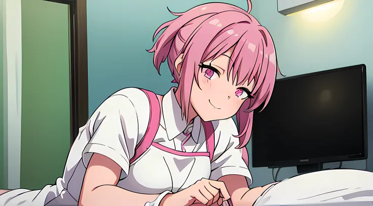 1girl, solo, nurse, nurse cap, white wear, ((white legwear, zettai ryouiki)), white gloves, ponytail, green hair, pink eyes, smile, twerking, ((bedroom)), sharp outline, short sleeves, best quality, masterpiece