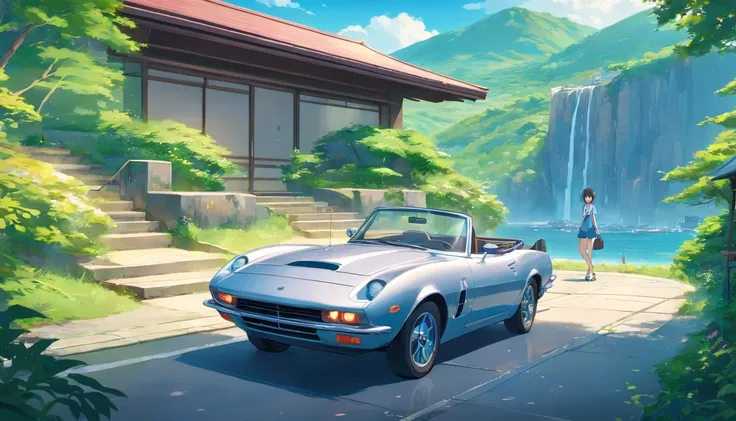 Panoramic painting of a silver convertible sports car at a modern glass bungalow with rocks and lush vegetation, modern city sea and tall vulcan in the background, vulcan, Anime background art, Anime landscape, Highly detailed illustration, anime style cit...