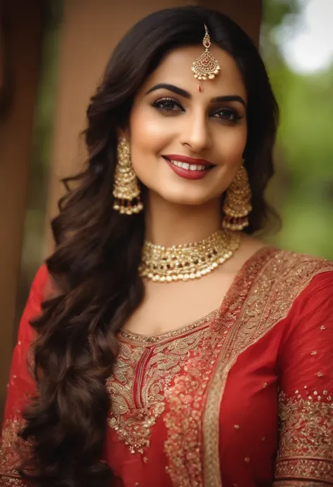 Big ass girl realistic Pakistani sexy, In Indian Ethnic Dress, Salwar Suit, Red Colour, Earings, Nechlace, Bangles, Eye lash, Long Dark brown hair, 30yo, Active, Smiling, looking at someone