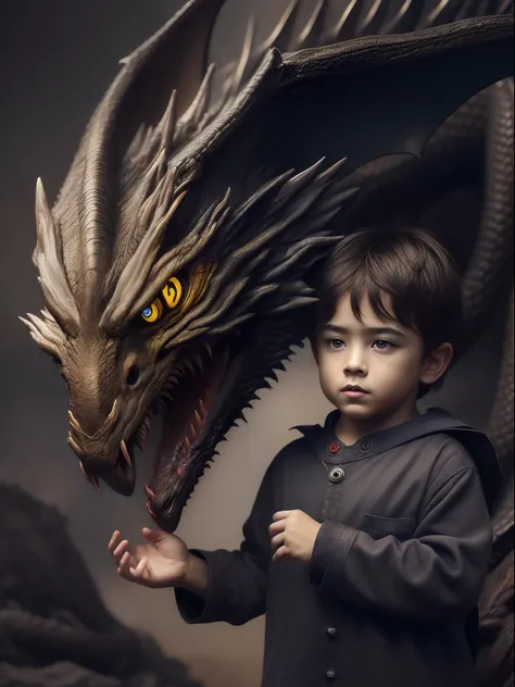 ((Menino)) 8 anos bonito ,((Holding the black dragon in your hand)), full hd, ultra realistas, detalhes intricados, rosto intricado, 8k, cinemactic,