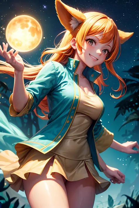 Top quality, high resolution, perfect human structure, background focus, front view, glowing hair, forest, animals, Nami from ONE PIECE cosplay, toothy smile, lots of stars in the sky, looking away , gradient eyes, swept bangs,