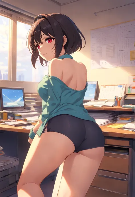 huge ohwx ass, 1girl, hyperass,,( butt crack:1.3), clothes off, (big breast:1.0), highres, looking back,  original, pants off, solo, mature female, classroom, teacher, (sexy pose ontop of desk:1.1), shortblack hair, sitting on desk, red eyes dick in the as...