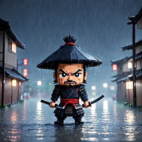 (Pixel art:1.5), (pixel theme:1.5), (chibi emote:1.5), (chibi character:1.5), (japanese game character:1.5), (fantasy:1.5), (rainy night:1.5), (heavy rain:1.5), (1japanse samurai:1.5), (Toshiro Mifune:1.5), (decisive battle:1.5), (７Samurai of the People:1....