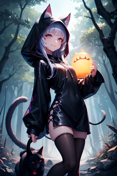 Top quality, high resolution, perfect human structure, background focus, front view, glowing hair, glowing eyes, cat ears, hooded outfit medium chest, forest, lots of animals, full body angles, happy smile, gradient eyes, swept bangs,