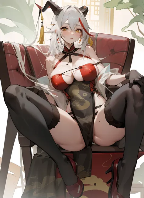 GDAAC, ChineseDressAegir, 1girl, solo, sitting, looking at viewer, spread legs,, shoe dangle, covered nipples, parted lips, chair, mole on breast, white hair, yellow eyes, I cant see the brushes