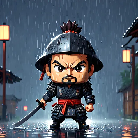 (Pixel art:1.5), (pixel theme:1.5), (chibi emote:1.5), (chibi character:1.5), (japanese game character:1.5), (fantasy:1.5), (rainy night:1.5), (heavy rain:1.5), (1japanse samurai:1.5), (Toshiro Mifune:1.5), (decisive battle:1.5), (７Samurai of the People:1....