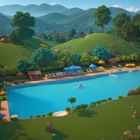 3d cartoon animation background, Disney style, Pixar style, hills with lots of trees, there is a swimming pool with blue water, beautiful sky,There are people swimming using swimming tubes,high resolution,high quality,3d render,Disney Pixar animation