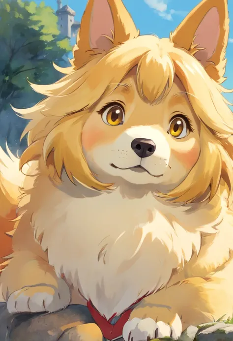 ((Best quality, 8K, Masterpiece: 1.4)),((Amazing detail: 1.3)),((Watercolor illustration: 1.2)),((high resolution: 1.1)),Thick painting style，(Critters)，1 dog，Yellow solid background，in style of ghibli，head portrait，Anime avatar，Shiba dog，adorable expressi...