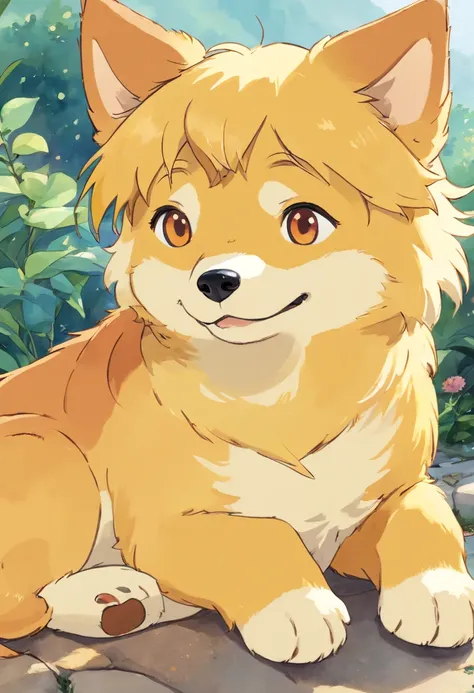 ((Best quality, 8K, Masterpiece: 1.4)),((Amazing detail: 1.3)),((Watercolor illustration: 1.2)),((high resolution: 1.1)),Thick painting style，(Critters)，1 dog，Yellow solid background，in style of ghibli，head portrait，Anime avatar，Shiba dog，adorable expressi...