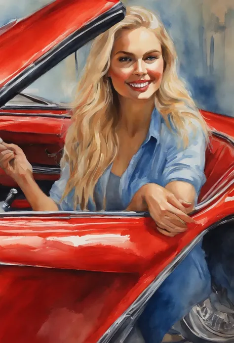 (tmasterpiece, Better quality),1 happy blonde sexy young girl smiling light hair sitting on red Lamborghini cart, Hands under the chin, Warm lighting, Blue jeans and shirt, HD close-up