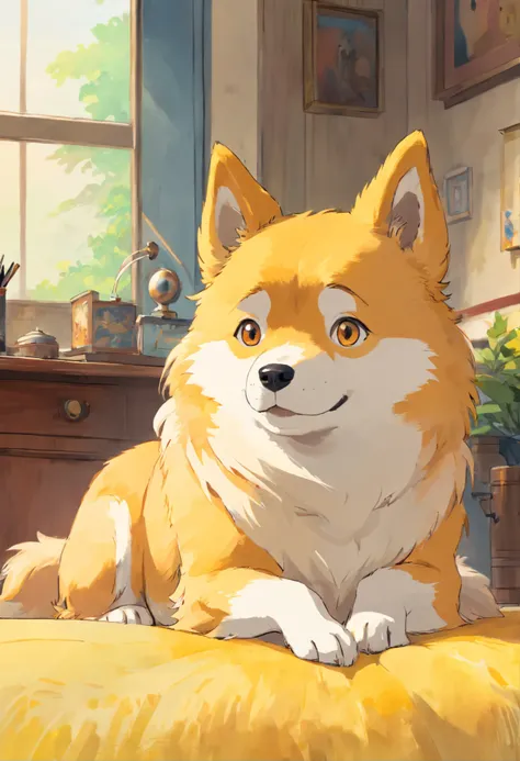 ((Best quality, 8K, Masterpiece: 1.4)),((Amazing detail: 1.3)),((Watercolor illustration: 1.2)),((high resolution: 1.1)),Thick painting style，(Critters)，1 dog，Yellow solid background，in style of ghibli，head portrait，Anime avatar，Shiba dog，adorable expressi...