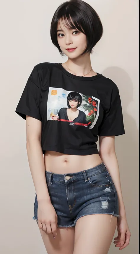 86
(a 20 yo woman,is standing), (A hyper-realistic), (masutepiece), ((short-hair:1.46)), (Smooth black hair), (Breast:1.0), (kindly smile), Wearing shorts, (Wear a T-shirt with a character design print), (Beautiful skin:1.5), Big paintings