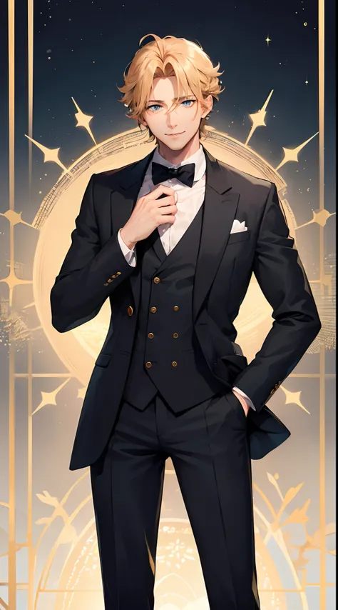 40 Year Old, anime guy, wearing tuxedo suit, light golden blonde hair, blue eyes, smile, high quality, 8k