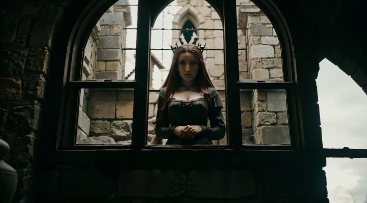 exterior view, Elizabeth Bathory imprisoned in her stone castle tower peering out of a window, cinematic, 8k, cinematic scene from film, eerie, gothic, day, in the cinematic style of Dion Beebe