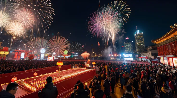 Chinese New Years Eve，People set off fireworks in the square，The camera captures crowds and fireworks from a low camera and a high angle of view