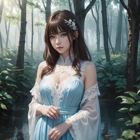 hightquality、8K Ultra HD、fullllbody、16-year-old woman、robe blanche、light brown hair、Blue eyes、(In the background is a lovely healing forest and a waterside)、cute little、Beautiful fece、portlate、Morning light、florals、art by:Alberto Seveso、Symmetrical、Abstrac...