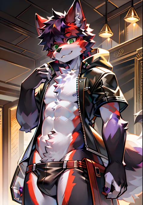 eyes with brightness, in a panoramic view, Character Focus Solo, shaggy, Furry male wolf, Purple and white fur for men, Green eyes, Red-black hair（The long）， and ，Bare body，Young style，height of one meter seven，handsome， There is a tail，