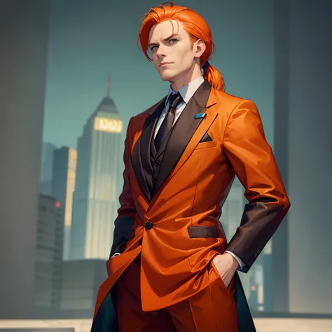 Man with orange hair and pony tail, minister of foreign affairs, confident expression, green suit, government office background, masterpiece, 4k, 8k, refined, standing straight pose, bokeh,