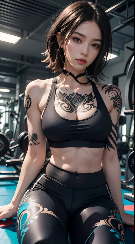 (best quality) Detailed sportswear girl, sitting on the gym floor, spread legs, wearing an intricate leggings and sports bra, highlighting the slight abs, while the chest tattoo adds a cinematic touch to the scene amidst the black tattoo, and cinematic lig...