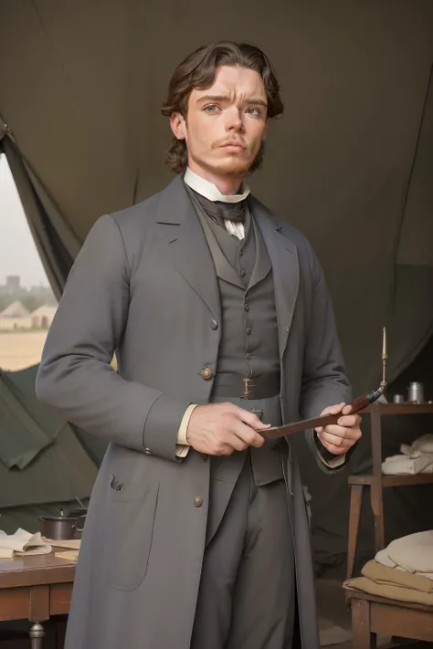 year: 1863. Location: Cairo, Illinois. Pre-Raphaelite (((45-year-old Richard Madden))), ((grey hair)), army doctor, military camp, tent, civil war, ((worried look)), cleaning surgical instrumental, ((((Clothing from the 1860s)))) ((Hairstyle of the 1860s))...