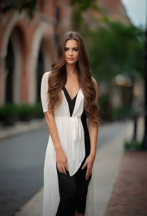 a beautiful young lady with long brown and white hair, in the style of tenwave, vibrant colorist --ar 85:128, standing on a sidewalk, black dress