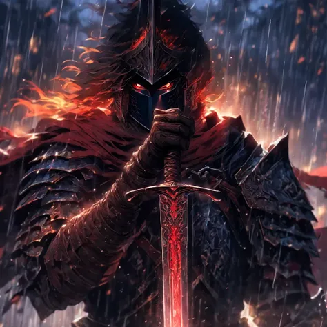 a close up of a person holding a sword in the rain, Blood Knight, fantasy knight, 8K high quality detailed art, Badass anime 8 K, From the night of the ark, evil knight, gothic knight, dark souls art style, arknight, Fallen Knight, knight armored in red, 4...