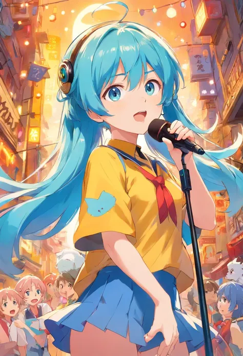 Vocaloid、AKITO、man、bleu hair、microphone、sings