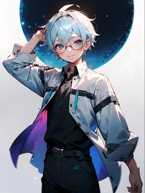 Male child, eye glasses,Cowboy Shots,A smile, silber hair，Daytime，Iridescent background，