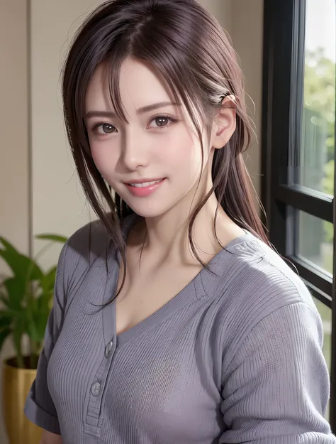 (Higher resolution, Distinct_image) best qualtiy, femele, masutepiece, Highly detailed, semi - realistic, 21 years old, Beautiful, 年轻, Handsome, T-shirt, Lilac Shirt Pull, collar on neck, interiors, Modern room, window, Awaken, morning, blush, Smiling