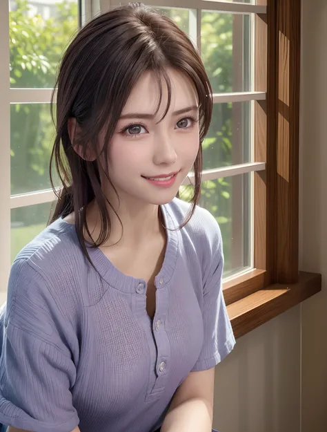 (Higher resolution, Distinct_image) best qualtiy, femele, masutepiece, Highly detailed, semi - realistic, 21 years old, Beautiful, 年轻, Handsome, T-shirt, Lilac Shirt Pull, collar on neck, interiors, Modern room, window, Awaken, morning, blush, Smiling