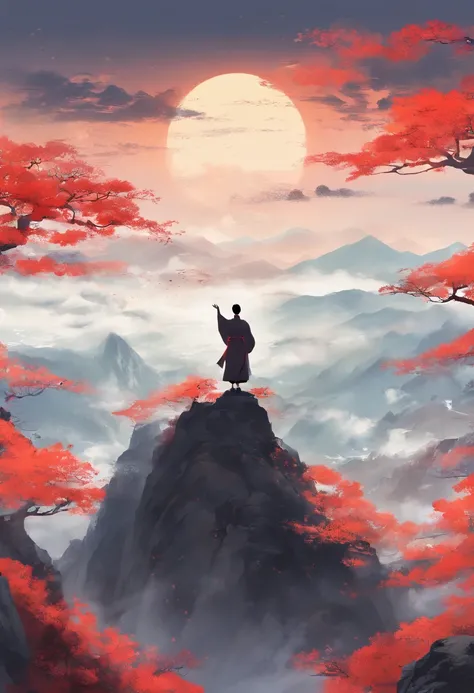 Hanfu man standing on top of mountain，back，Spread your arms，Raise your head to heaven and earth with Japanese buildings