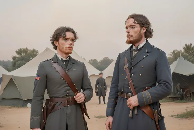 year: 1863. Location: Cairo, Illinois. Pre-Raphaelite (((45-year-old Richard Madden))), ((grey hair)), army doctor, military camp, tent, civil war, ((worried look)), line of soldier patients, ((((Clothing from the 1860s)))) ((Hairstyle of the 1860s)), ((("...