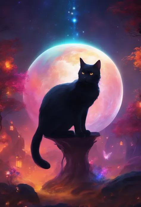 black cats,Glowing planet, Beautiful and splendid,Very bright colors, Light particles, with light glowing, Mshiv, wallpaper art, UHD wallpaper