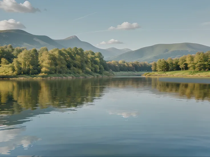 Calm Lakeside Reflections: Tranquil waters mirroring the surrounding landscape, providing a sense of peace and serenity.