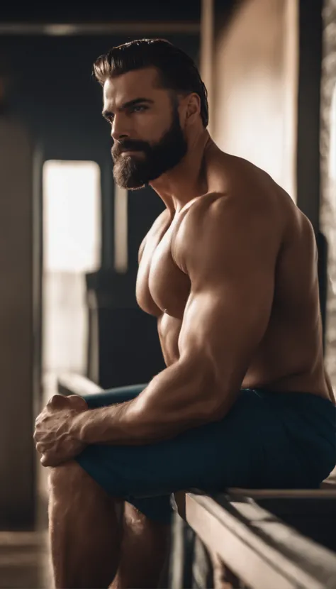 (a melhor qualidade,8k,Realista),Homem bonito,Barba abundante,macho,olhos azuis,cabelos castanhos,good muscles,Corpo inteiro,na camisa