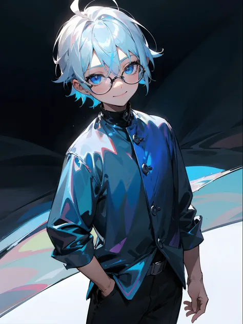 Male child, Black glasses,blue eyess,Cowboy Shots,A smile, silber hair，Daytime，Iridescent background，