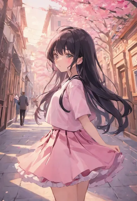 Girl taking a picture on campus，(((The girl wears a pale pink JK skirt，Long flowing black hair，155 cm tall，Tiny cute)))Adopt the artistic style of portrait photography，The scene creates an autumn atmosphere，Render the entire picture with warm tones。。The pi...