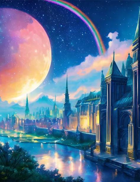 metropolitan、Colorful Metropolitan Museum of Art、River painting with stars and moon in rainbow sky、the met、Shining skyscrapers、Shine across the board、Skyscrapers、Concept art inspired by Mitsuoki Tosa、pixiv contest winners、top-quality、Fantasyart、beautiful a...