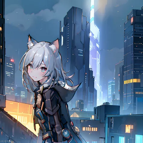 midnight city (futuristic tower)(hd, realistic, 2k, hdr, high quality, high detail) cyberpunk, female trailblazer, (cat ears), b...