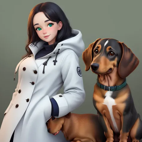 Female dachshund with blue and green heterochromia, brown and white coat, Pixar style