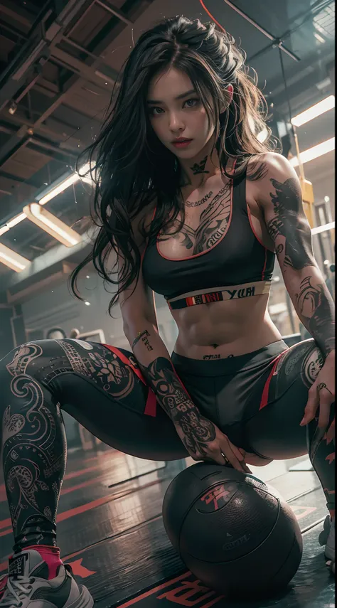 (best quality) Detailed sportswear girl, sitting on the gym floor, spread legs, wearing an intricate leggings and sports bra, highlighting the slight abs, while the chest tattoo adds a cinematic touch to the scene amidst the black tattoo, and cinematic lig...