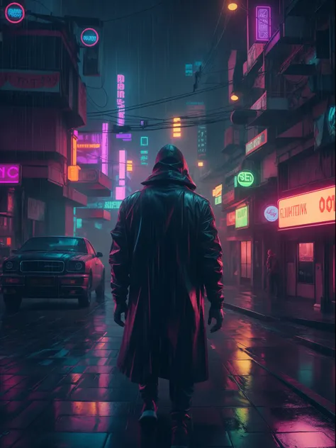 A midnight heavy raining, wet streets, cyberpunk neon city, glowing effects, best quality, masterpiece, cinematic lights, 8K resolution, extremely detailed portrait