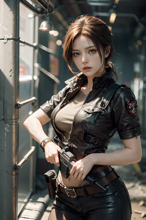 Resident evil, Beautiful Claire Redfield, Recreate the gun in detail、Alert、A gun is being held to the head from behind、Desperate、Crisis、Being caught