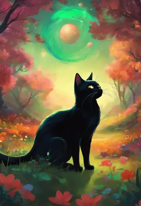 A black cat that eats happily,Glowing planet, Beautiful and splendid,Very bright colors, Many kittens are running happily in the green space